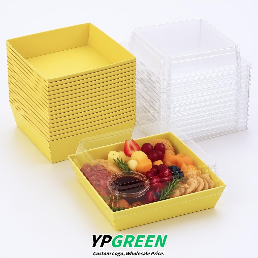 Lemon Yellow Charcuterie Boxes with Clear Lids - 4 inches & 5 inches Disposable Paper Square Food Containers