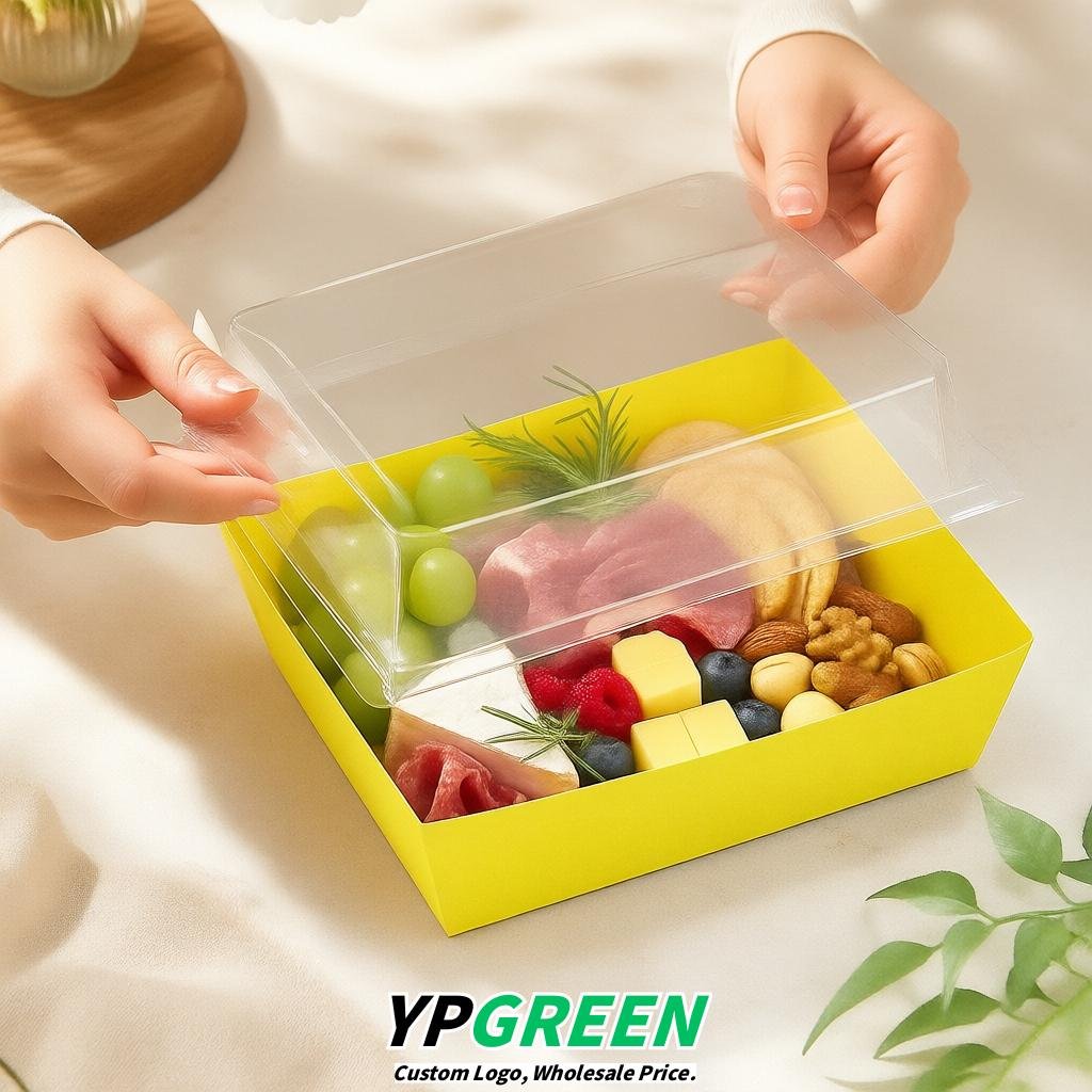 Lemon Yellow Charcuterie Boxes with Clear Lids - 4 inches & 5 inches Disposable Paper Square Food Containers