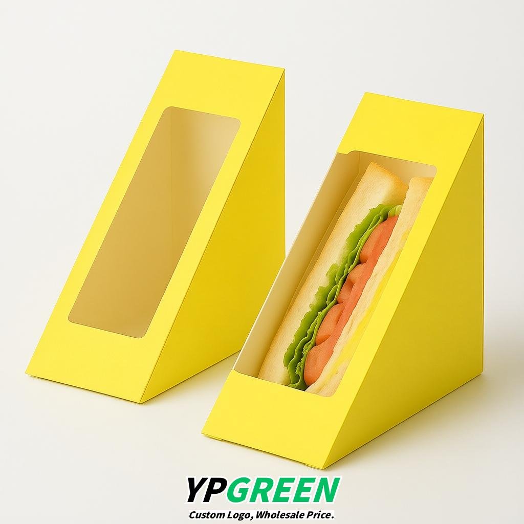 Lemon Yellow Triangle Paper Sandwich Boxes with Window 4.7x4.7x2.6 Inch - Factory Direct