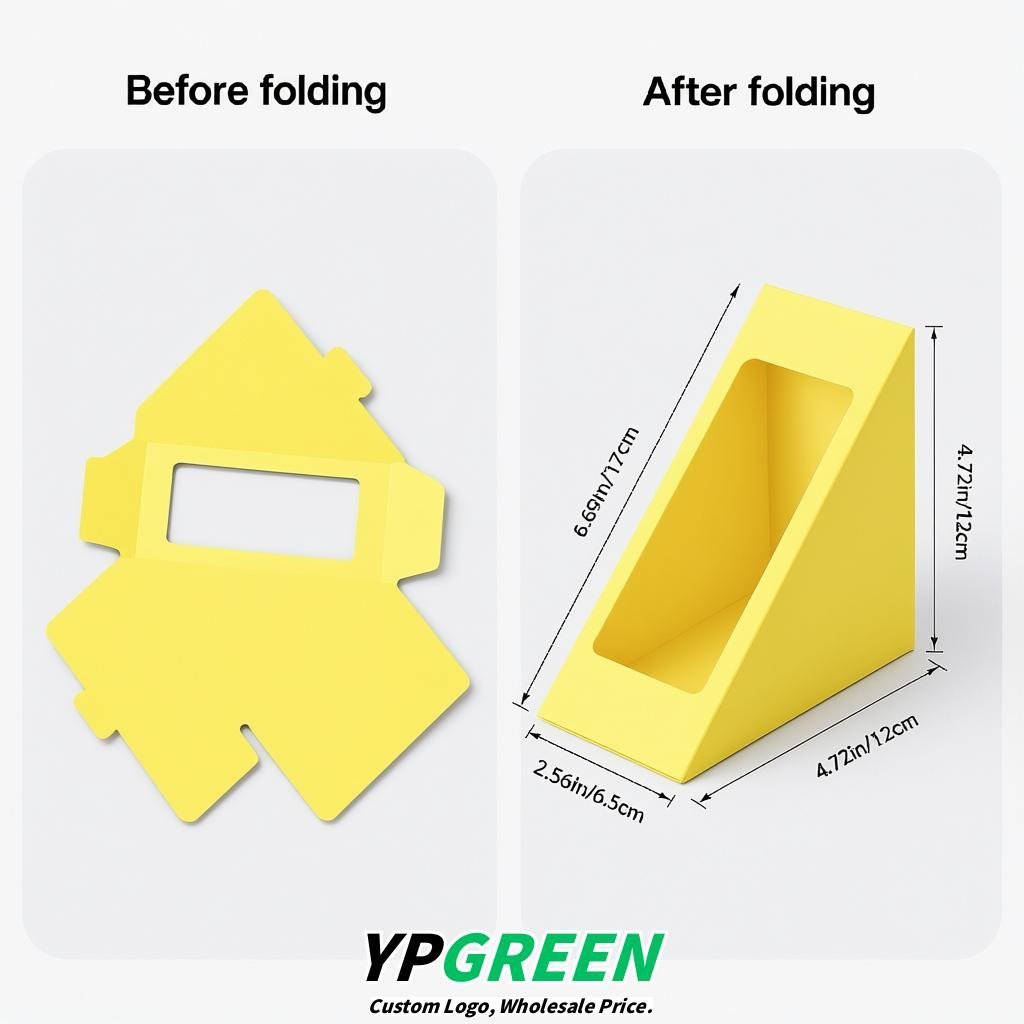 Lemon Yellow Triangle Paper Sandwich Boxes with Window 4.7x4.7x2.6 Inch - Factory Direct