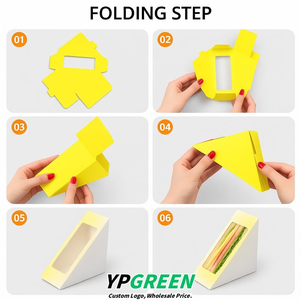 Lemon Yellow Triangle Paper Sandwich Boxes with Window 4.7x4.7x2.6 Inch - Factory Direct