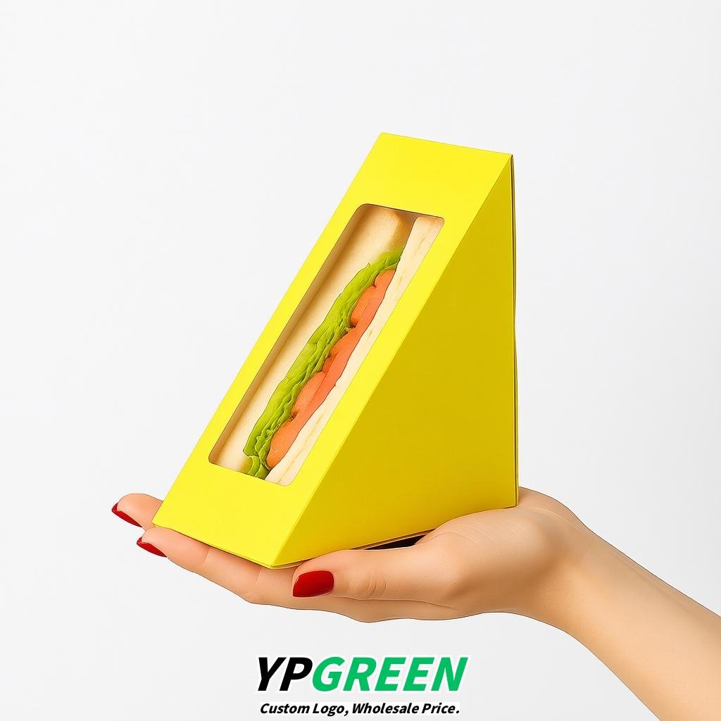 Lemon Yellow Triangle Paper Sandwich Boxes with Window 4.7x4.7x2.6 Inch - Factory Direct