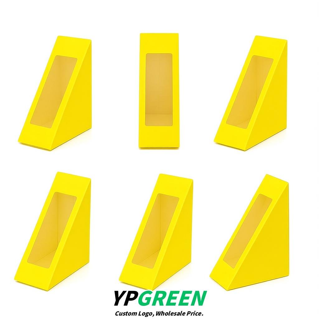 Lemon Yellow Triangle Paper Sandwich Boxes with Window 4.7x4.7x2.6 Inch - Factory Direct
