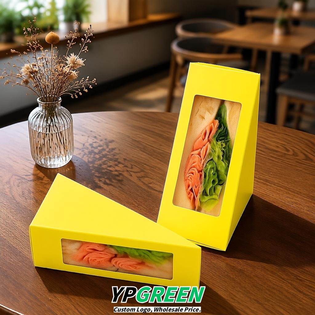 Lemon Yellow Triangle Paper Sandwich Boxes with Window 4.7x4.7x2.6 Inch - Factory Direct