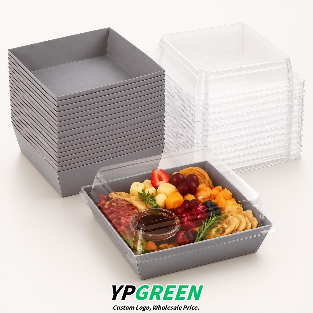 Light Slate Gray Charcuterie Boxes with Clear Lids - 4 inches & 5 inches Disposable Paper Square Food Containers
