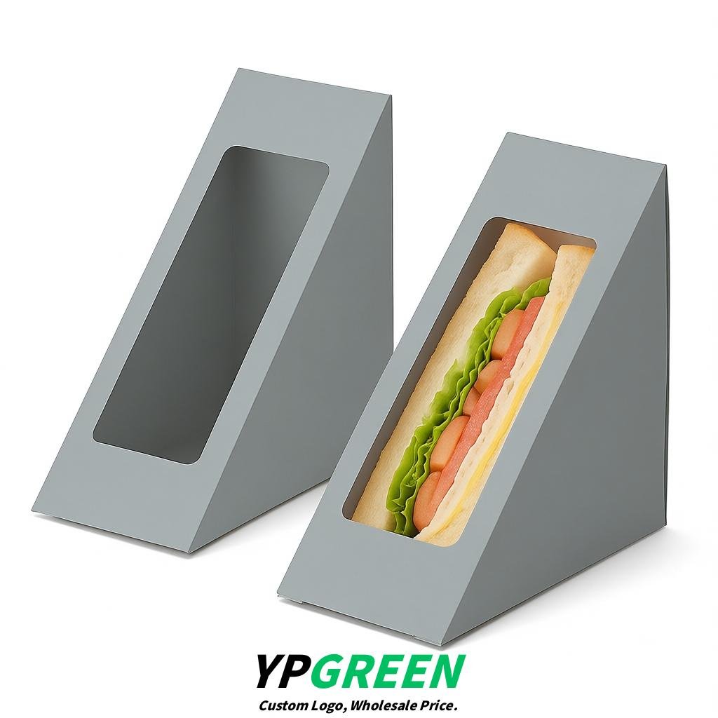 Light Slate Gray Triangle Paper Sandwich Boxes with Window 4.7x4.7x2.6 Inch - Factory Direct