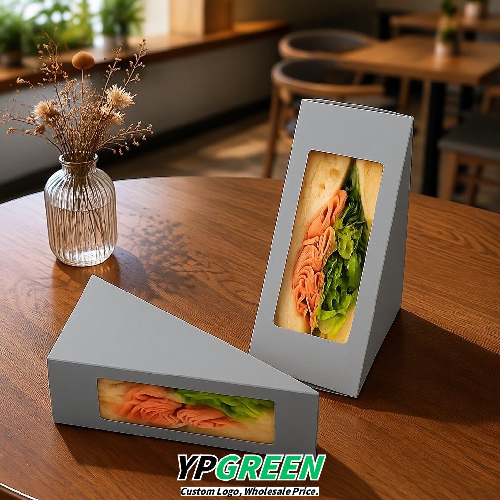 Light Slate Gray Triangle Paper Sandwich Boxes with Window 4.7x4.7x2.6 Inch - Factory Direct