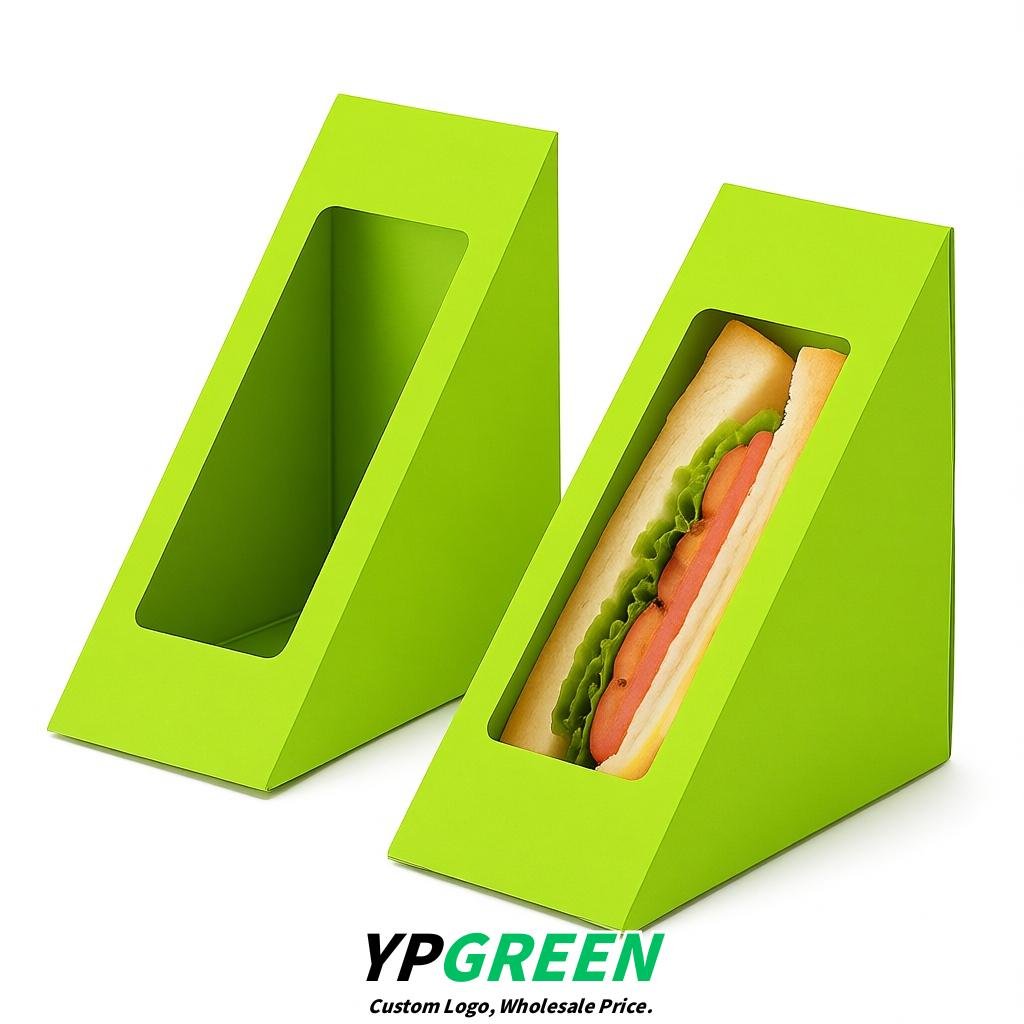Lime Green Triangle Paper Sandwich Boxes with Window 4.7x4.7x2.6 Inch - Factory Direct