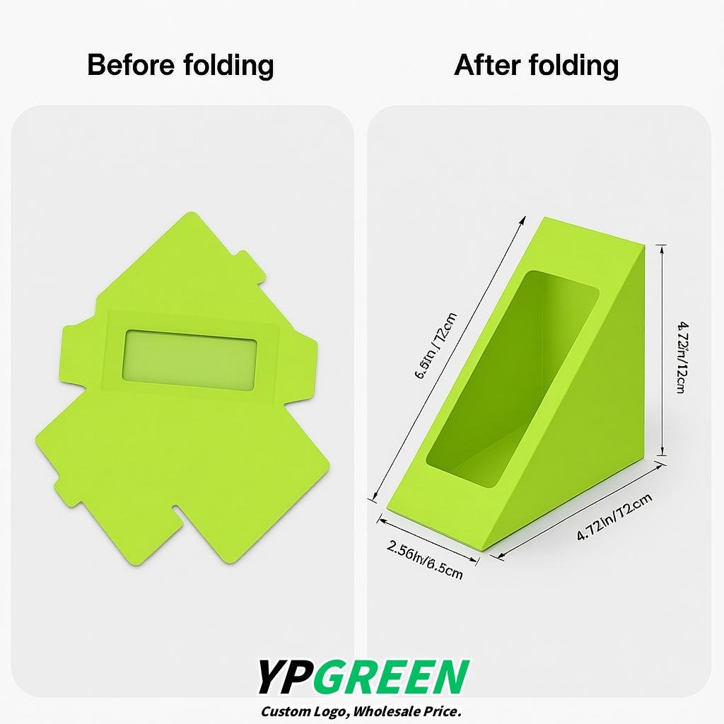 Lime Green Triangle Paper Sandwich Boxes with Window 4.7x4.7x2.6 Inch - Factory Direct