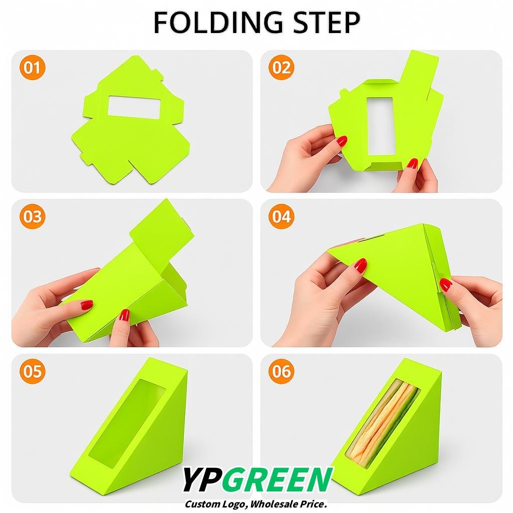 Lime Green Triangle Paper Sandwich Boxes with Window 4.7x4.7x2.6 Inch - Factory Direct