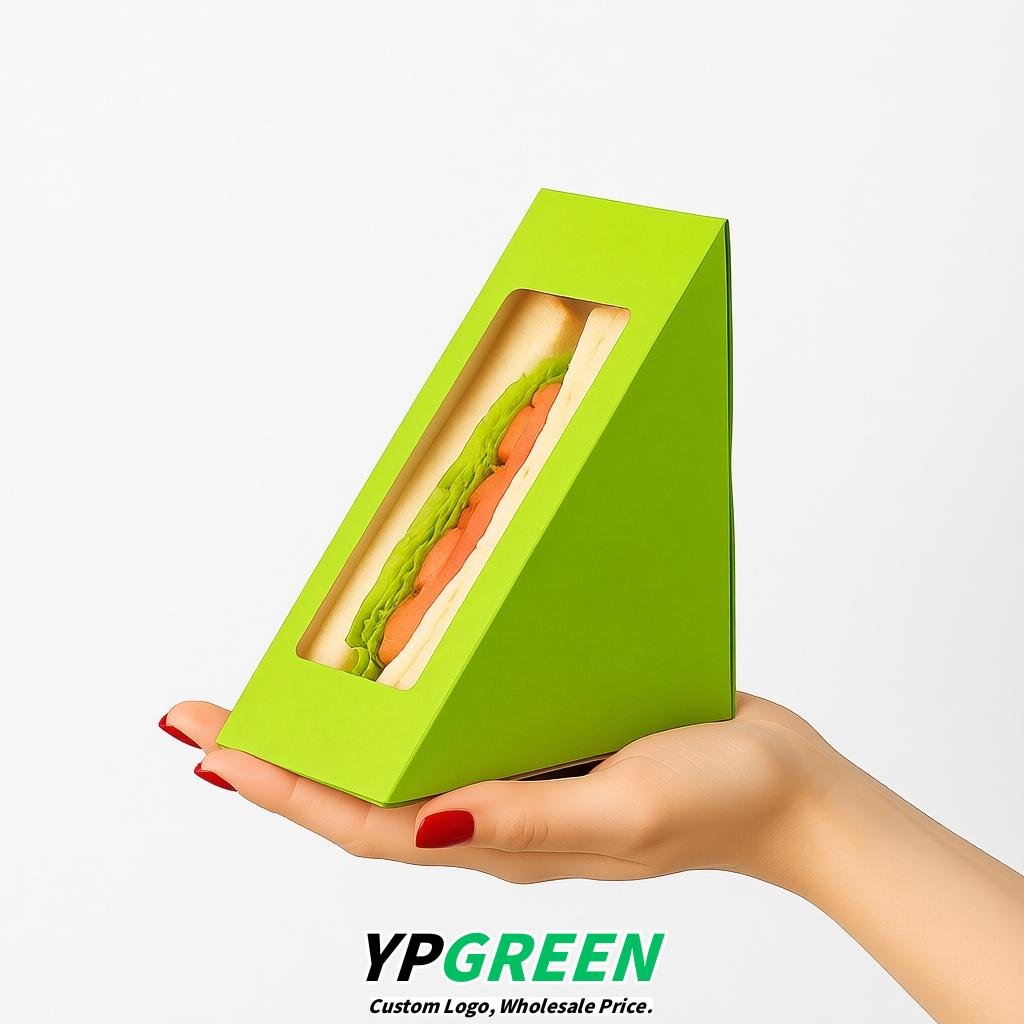 Lime Green Triangle Paper Sandwich Boxes with Window 4.7x4.7x2.6 Inch - Factory Direct