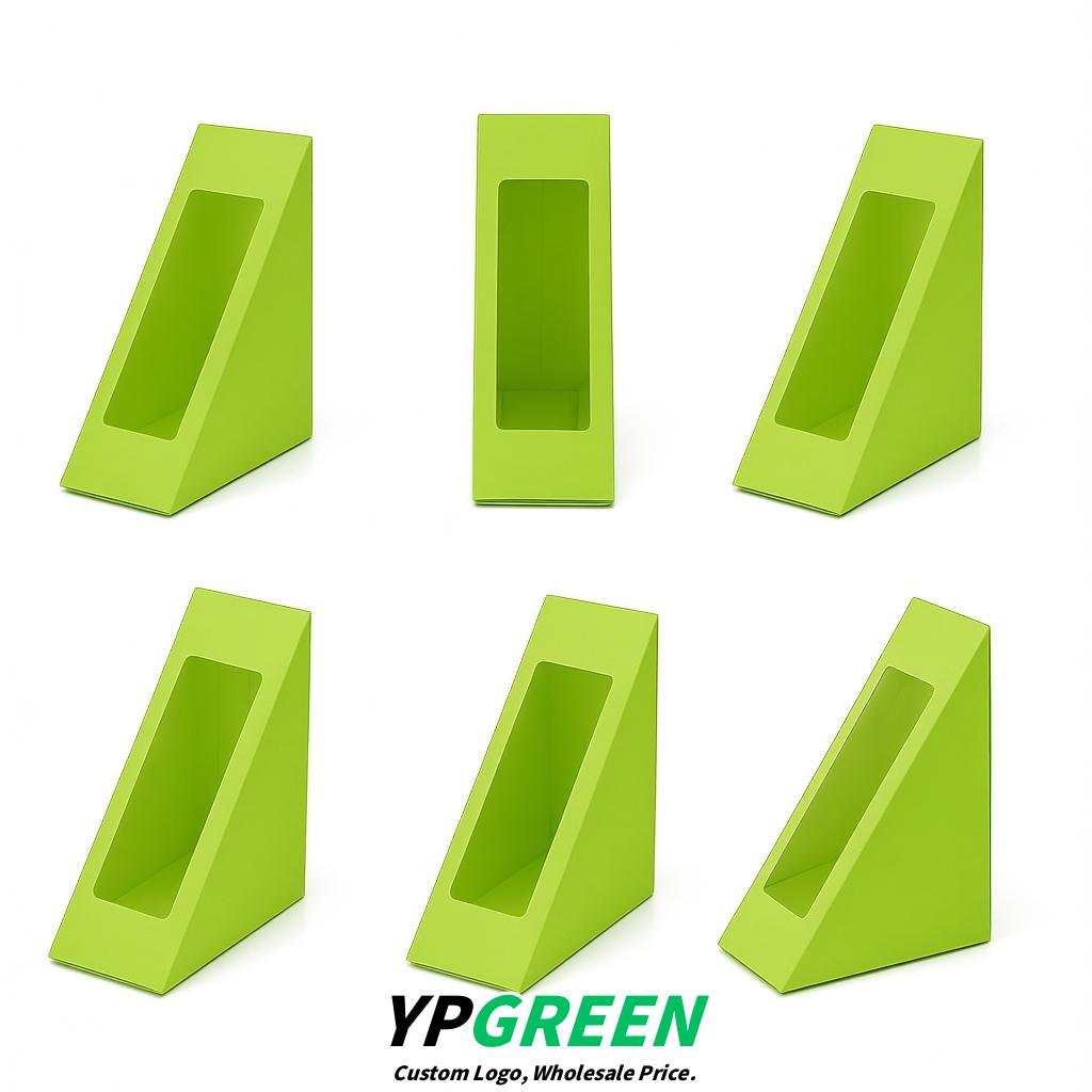 Lime Green Triangle Paper Sandwich Boxes with Window 4.7x4.7x2.6 Inch - Factory Direct