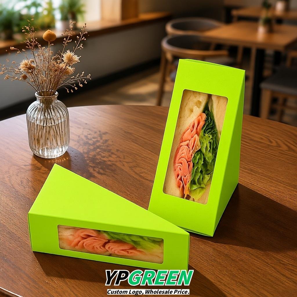 Lime Green Triangle Paper Sandwich Boxes with Window 4.7x4.7x2.6 Inch - Factory Direct