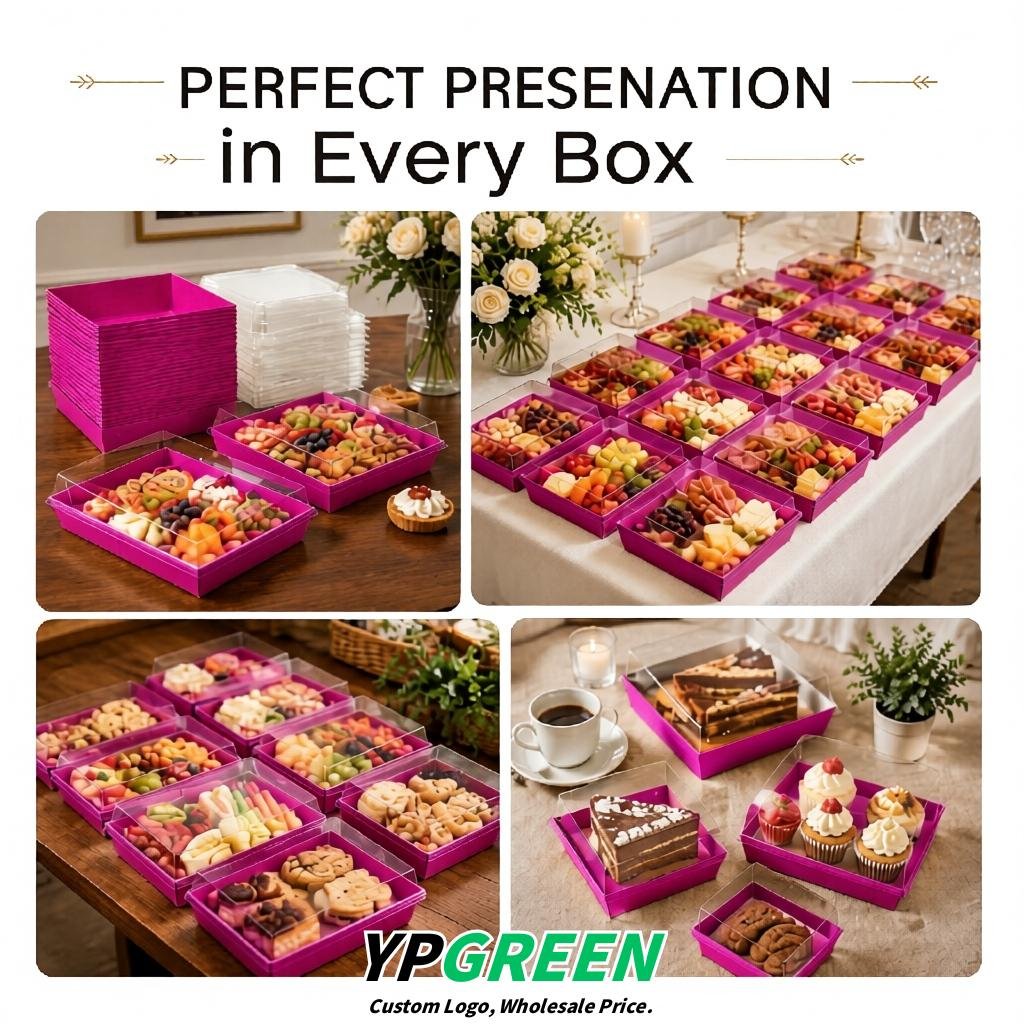 Magenta Charcuterie Boxes with Clear Lids - 4 inches & 5 inches Disposable Paper Square Food Containers
