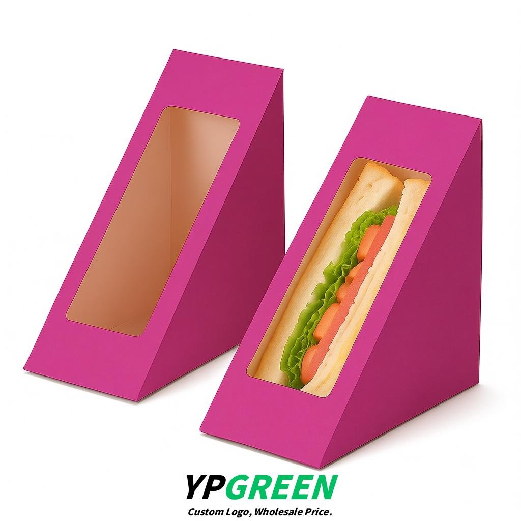 Magenta Triangle Paper Sandwich Boxes with Window 4.7x4.7x2.6 Inch - Factory Direct