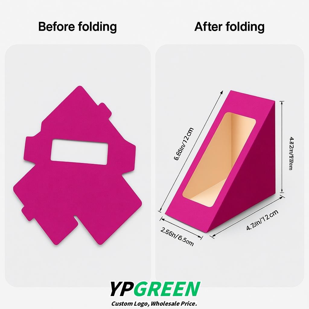 Magenta Triangle Paper Sandwich Boxes with Window 4.7x4.7x2.6 Inch - Factory Direct