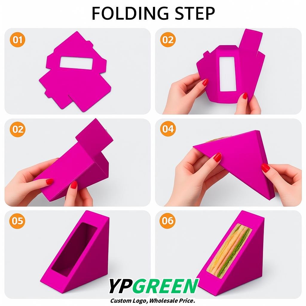 Magenta Triangle Paper Sandwich Boxes with Window 4.7x4.7x2.6 Inch - Factory Direct