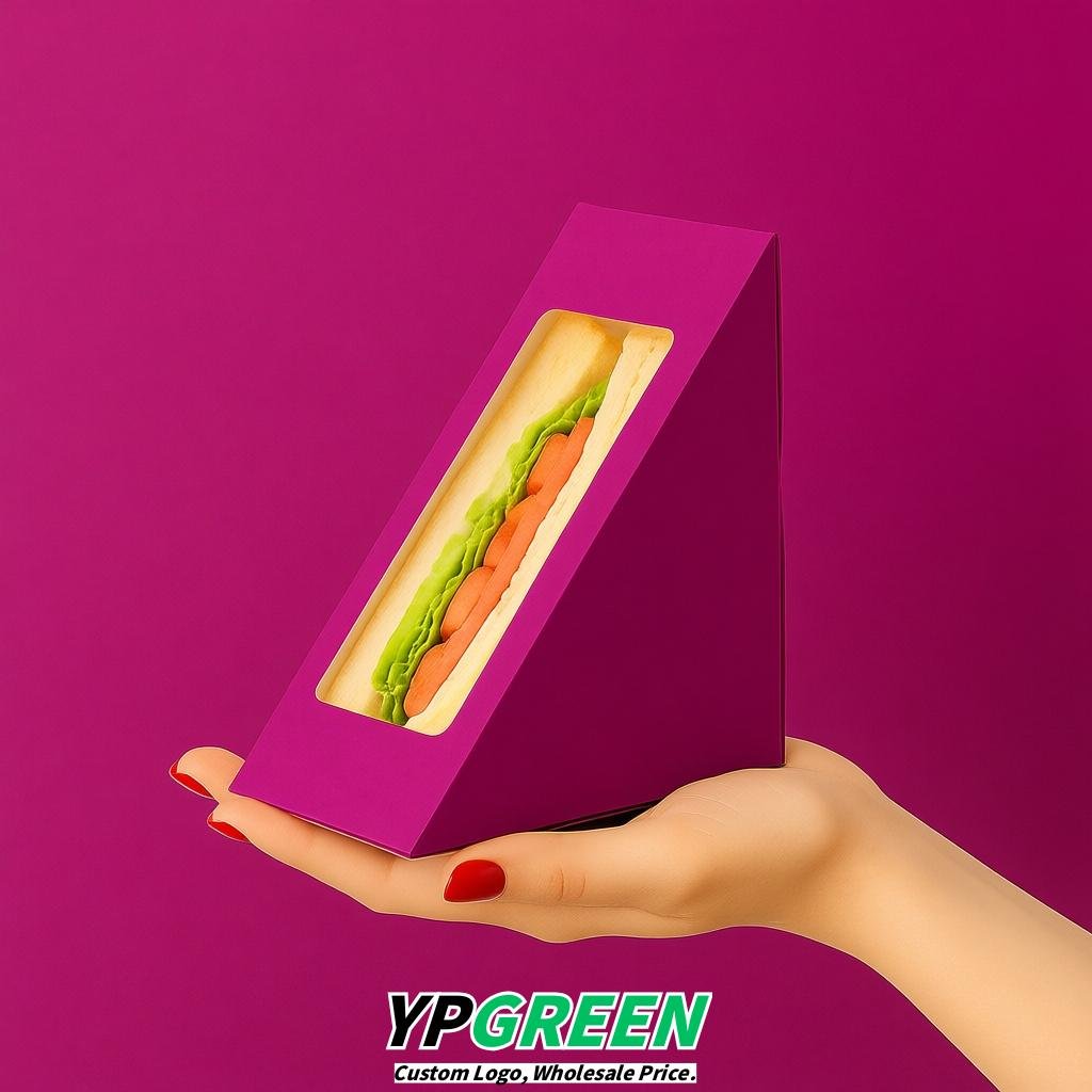 Magenta Triangle Paper Sandwich Boxes with Window 4.7x4.7x2.6 Inch - Factory Direct
