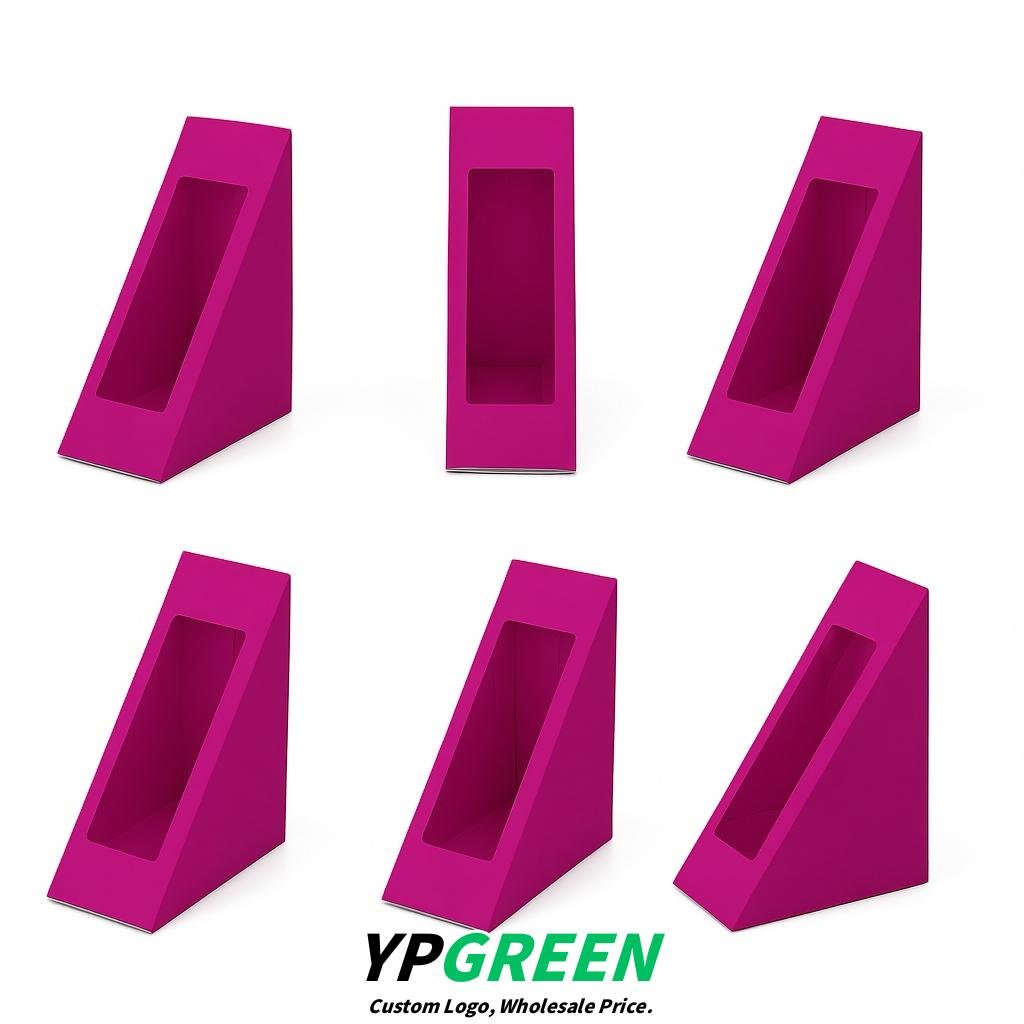 Magenta Triangle Paper Sandwich Boxes with Window 4.7x4.7x2.6 Inch - Factory Direct