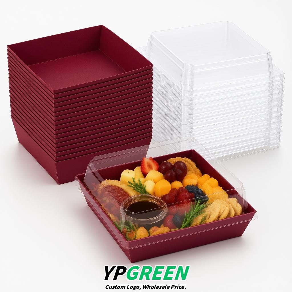 Maroon Charcuterie Boxes with Clear Lids - 4 inches & 5 inches Disposable Paper Square Food Containers