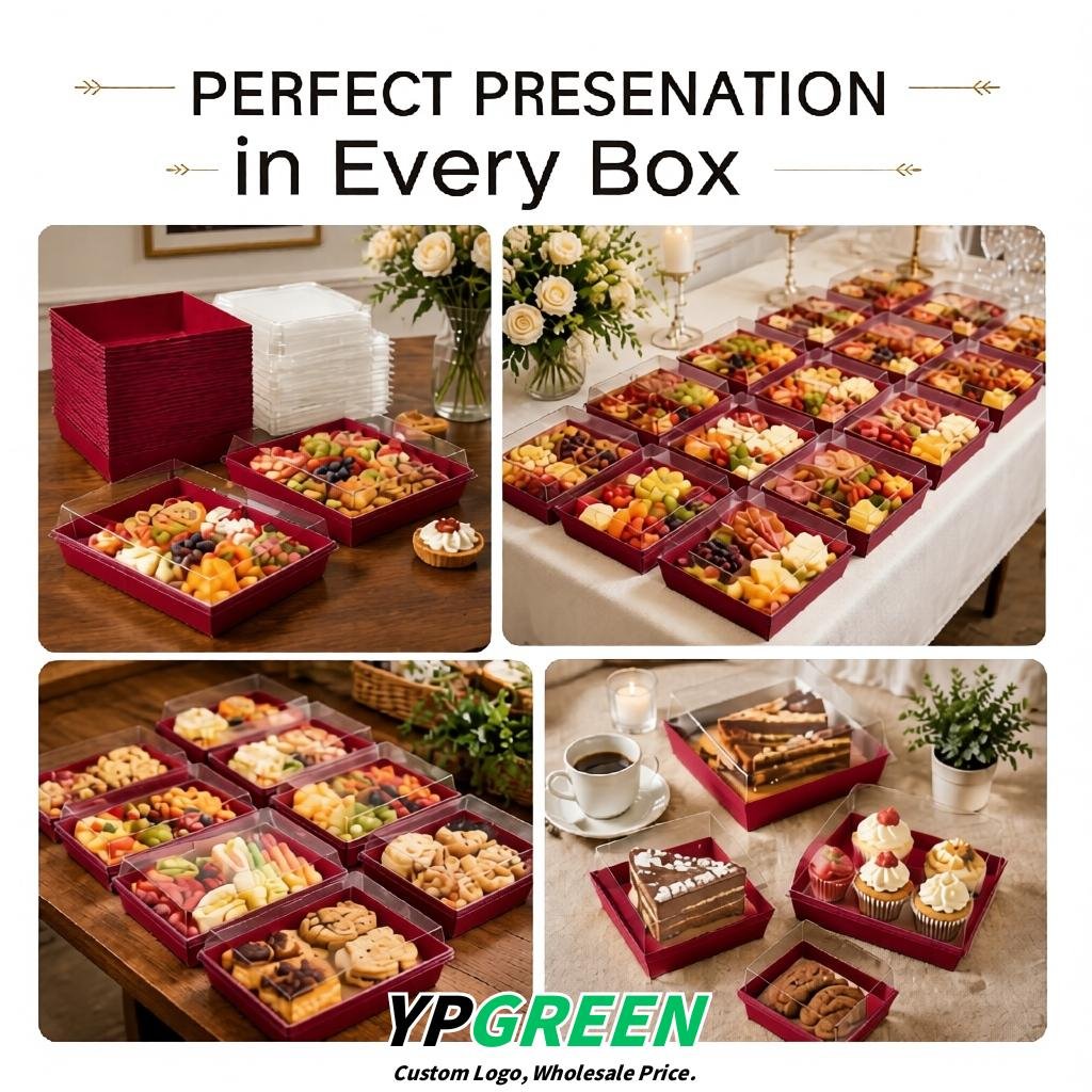 Maroon Charcuterie Boxes with Clear Lids - 4 inches & 5 inches Disposable Paper Square Food Containers