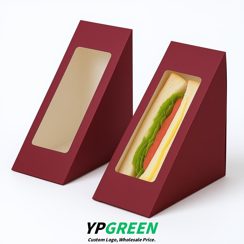 Maroon Triangle Paper Sandwich Boxes with Window 4.7x4.7x2.6 Inch - Factory Direct