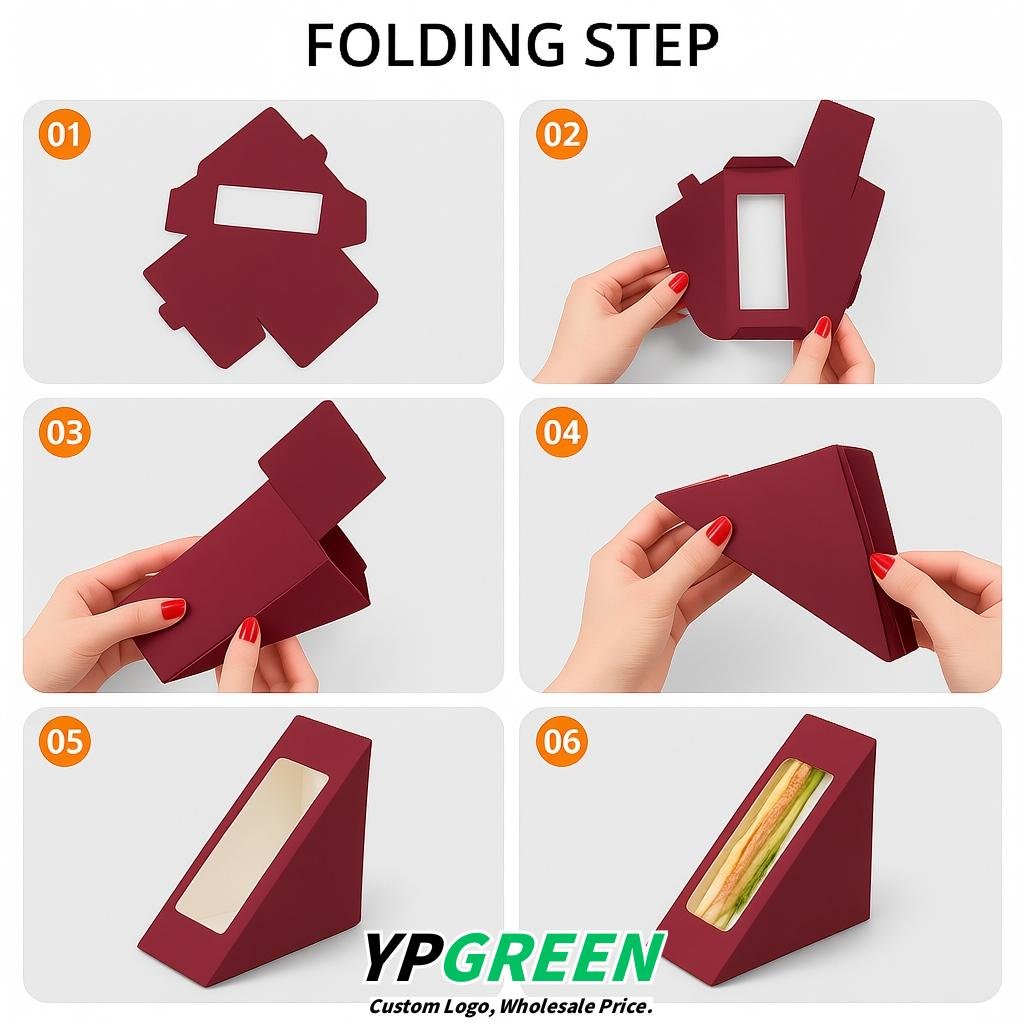 Maroon Triangle Paper Sandwich Boxes with Window 4.7x4.7x2.6 Inch - Factory Direct