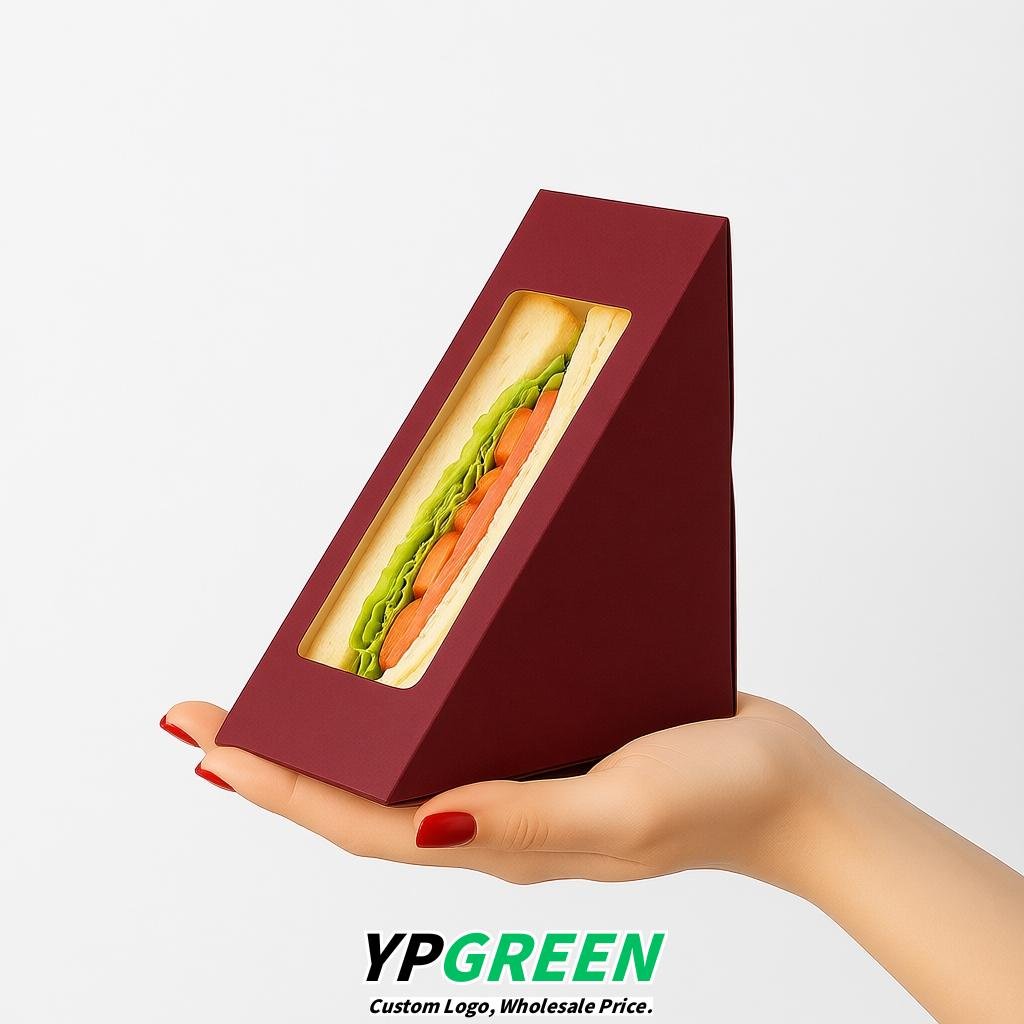 Maroon Triangle Paper Sandwich Boxes with Window 4.7x4.7x2.6 Inch - Factory Direct