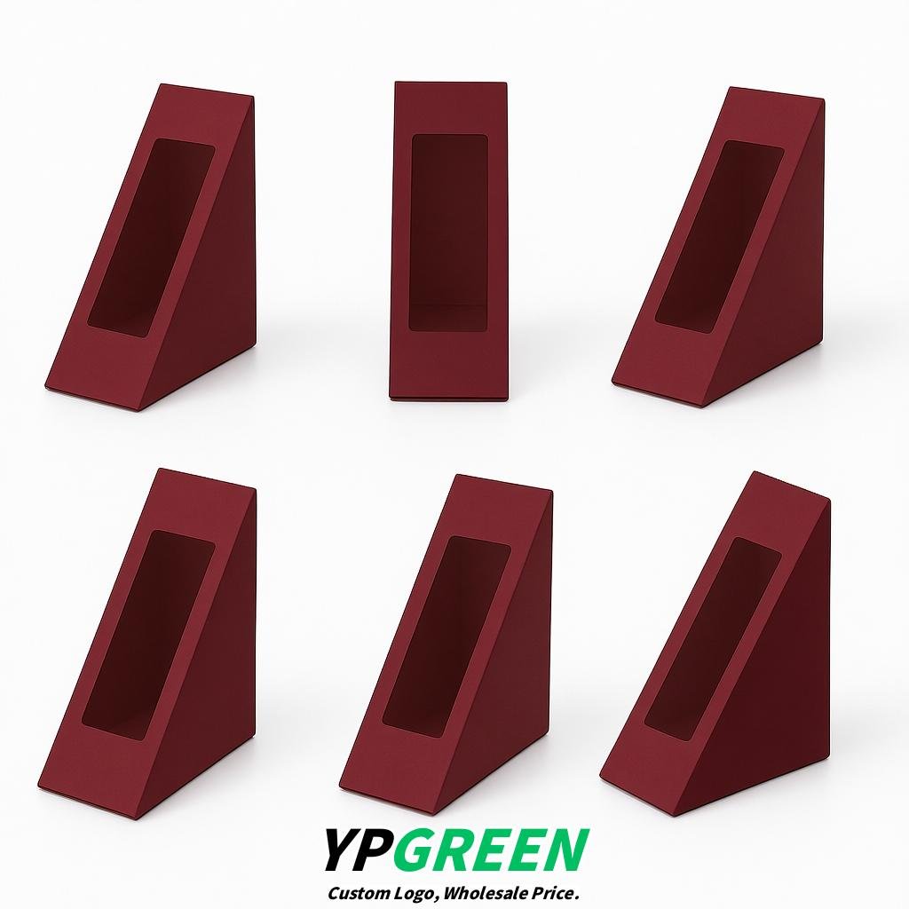 Maroon Triangle Paper Sandwich Boxes with Window 4.7x4.7x2.6 Inch - Factory Direct