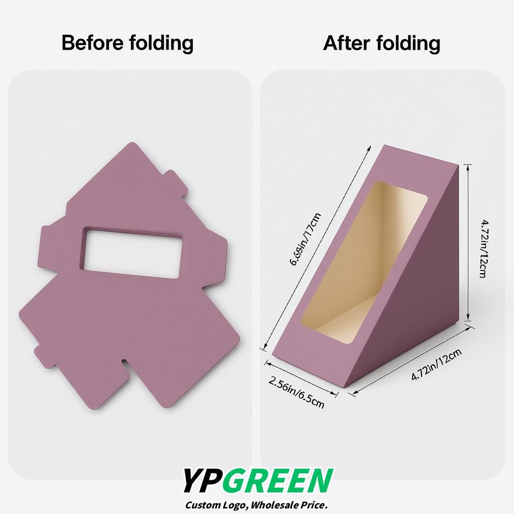 Mauve Triangle Paper Sandwich Boxes with Window 4.7x4.7x2.6 Inch - Factory Direct