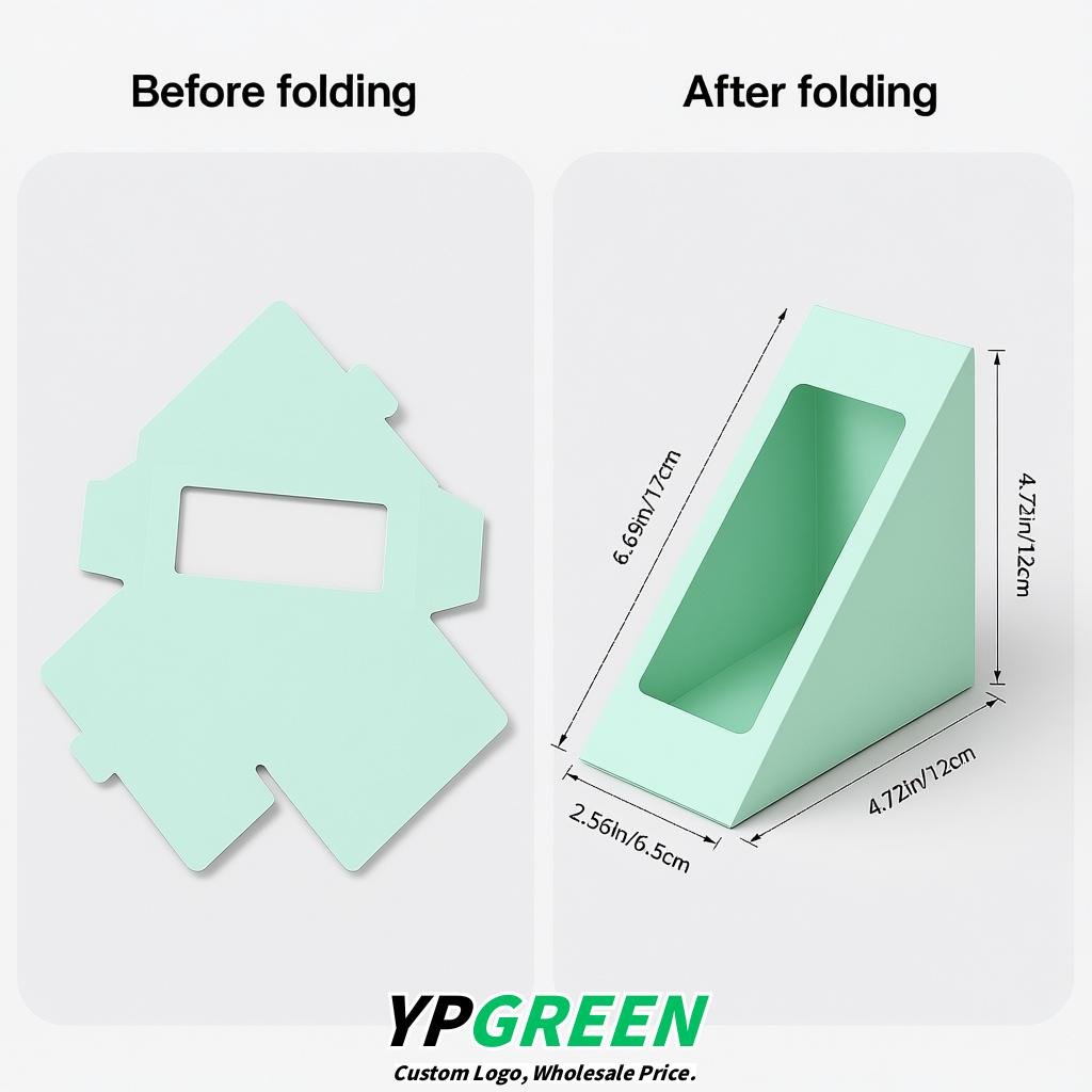 Mint Green Triangle Paper Sandwich Boxes with Window 4.7x4.7x2.6 Inch - Factory Direct