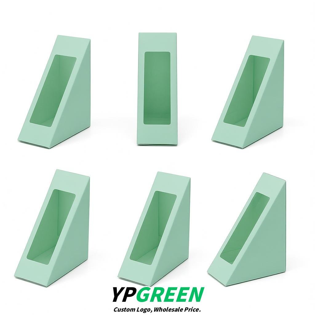 Mint Green Triangle Paper Sandwich Boxes with Window 4.7x4.7x2.6 Inch - Factory Direct