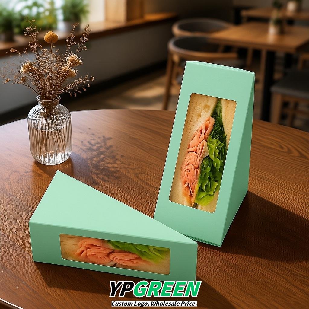Mint Green Triangle Paper Sandwich Boxes with Window 4.7x4.7x2.6 Inch - Factory Direct