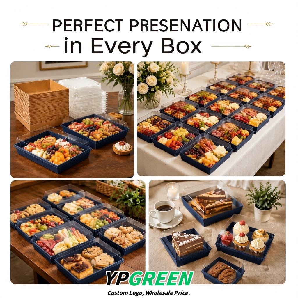 Navy Blue Charcuterie Boxes with Clear Lids - 4 inches & 5 inches Disposable Paper Square Food Containers