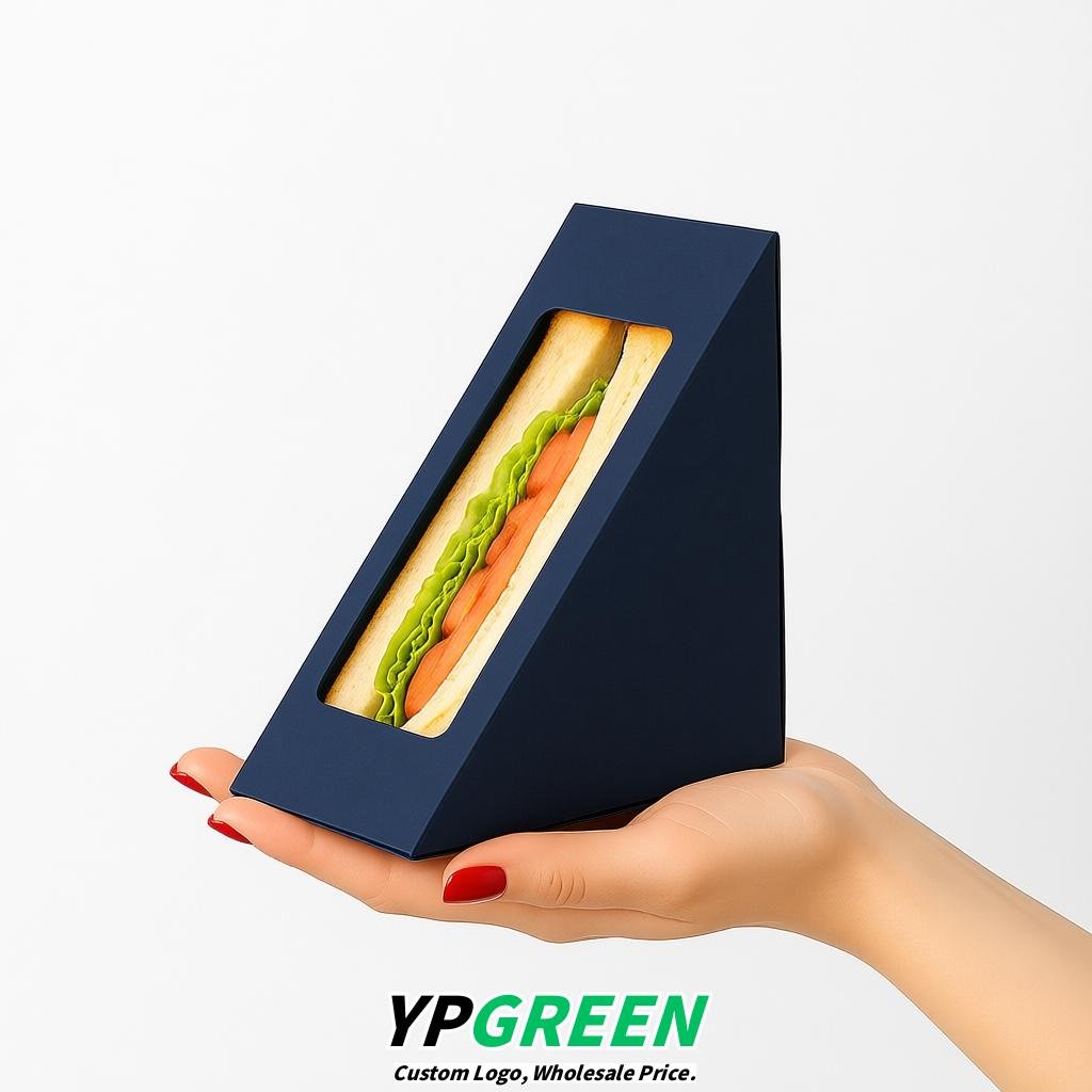 Navy Blue Triangle Paper Sandwich Boxes with Window 4.7x4.7x2.6 Inch - Factory Direct