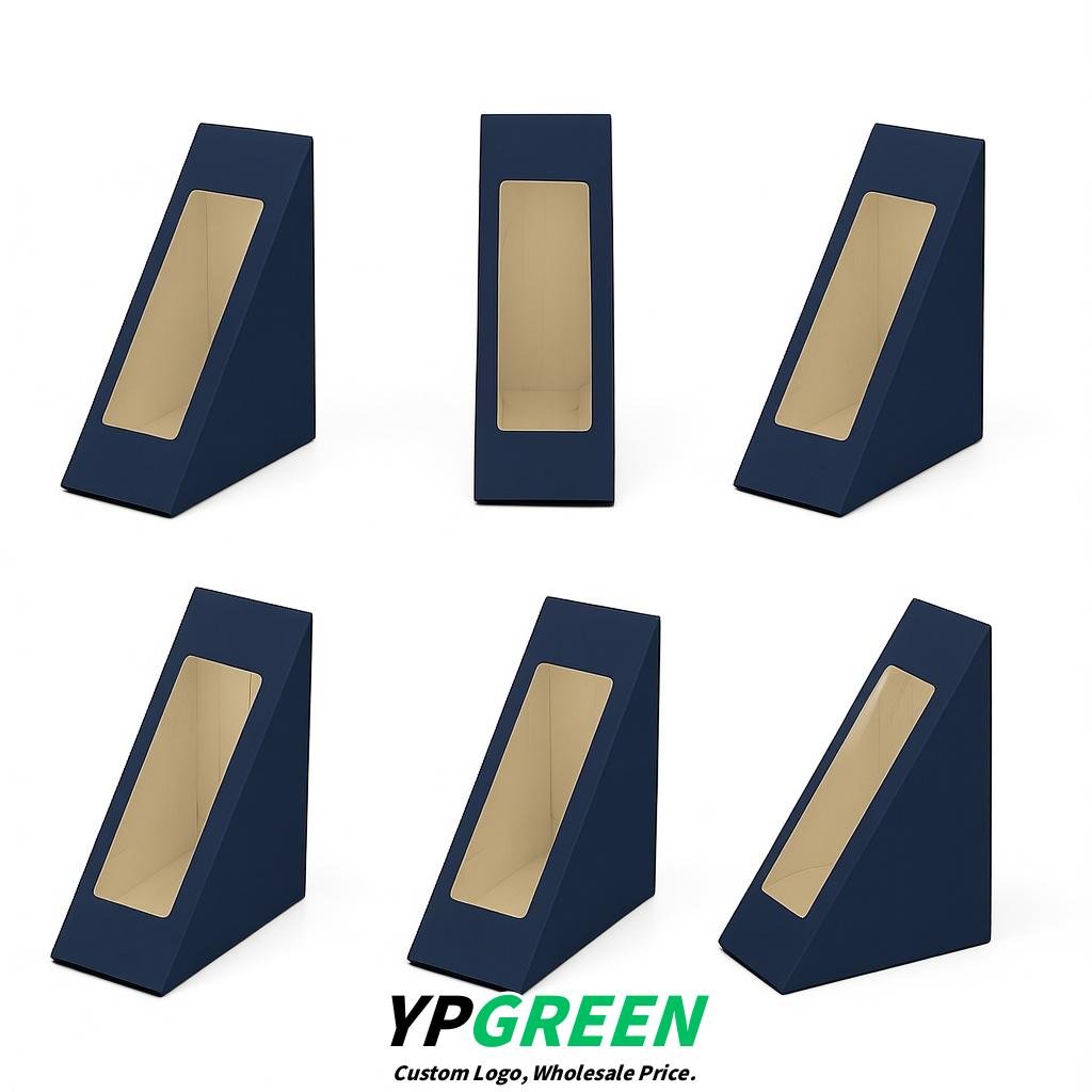 Navy Blue Triangle Paper Sandwich Boxes with Window 4.7x4.7x2.6 Inch - Factory Direct