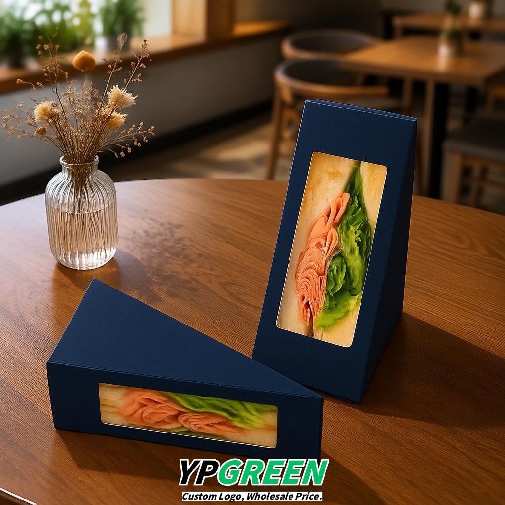 Navy Blue Triangle Paper Sandwich Boxes with Window 4.7x4.7x2.6 Inch - Factory Direct