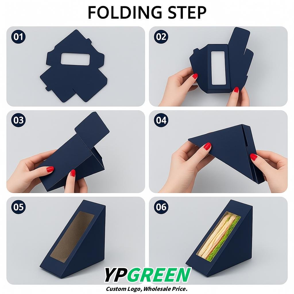 Navy Blue Triangle Paper Sandwich Boxes with Window 4.7x4.7x2.6 Inch - Factory Direct