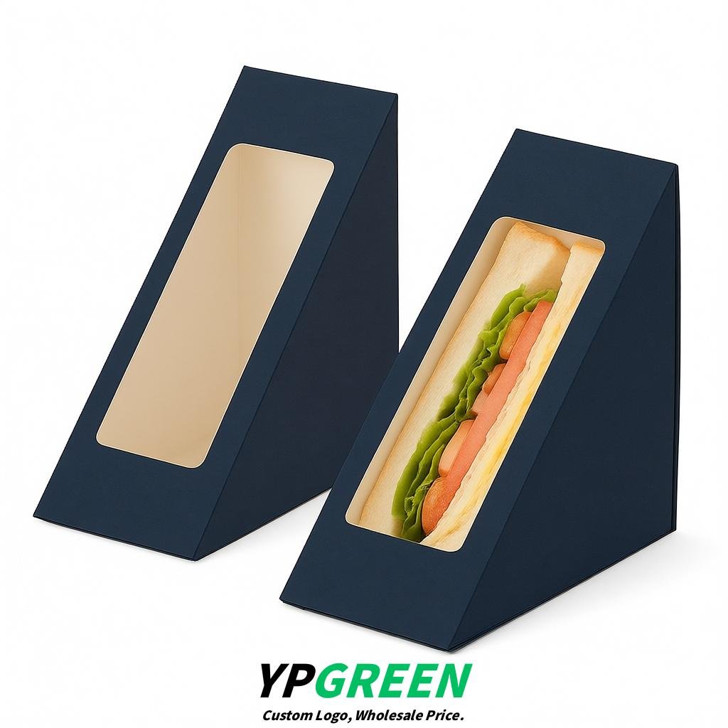 Navy Blue Triangle Paper Sandwich Boxes with Window 4.7x4.7x2.6 Inch - Factory Direct