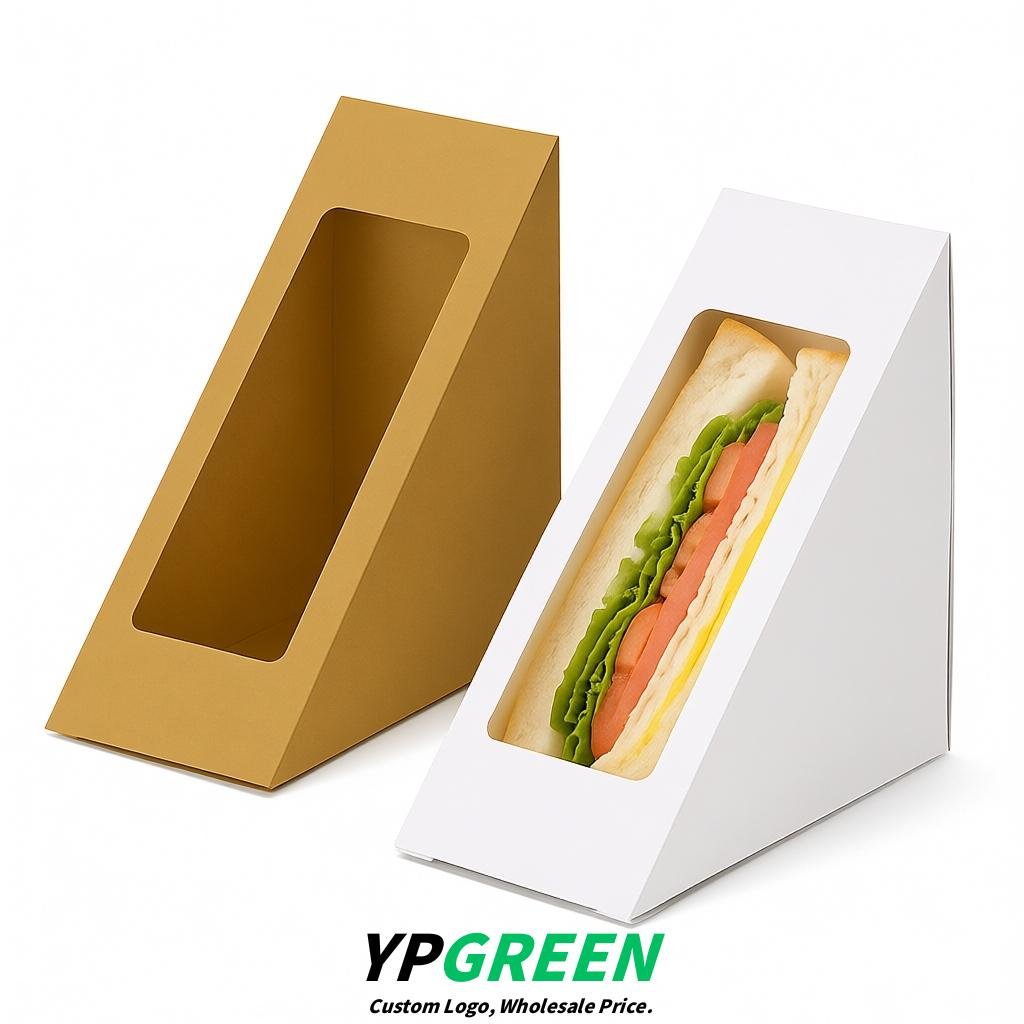 Ochre Triangle Paper Sandwich Boxes with Window 4.7x4.7x2.6 Inch - Factory Direct