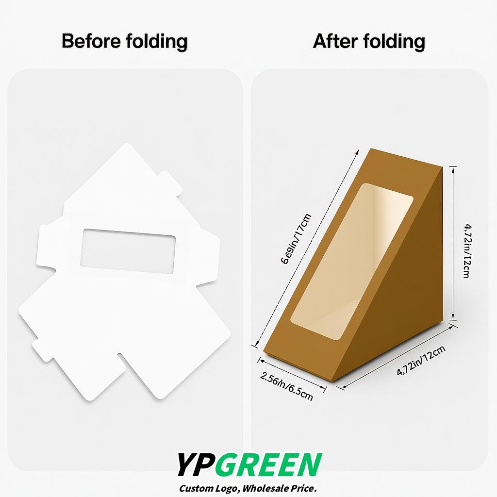 Ochre Triangle Paper Sandwich Boxes with Window 4.7x4.7x2.6 Inch - Factory Direct