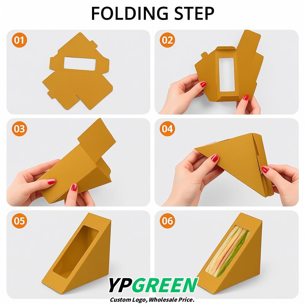 Ochre Triangle Paper Sandwich Boxes with Window 4.7x4.7x2.6 Inch - Factory Direct