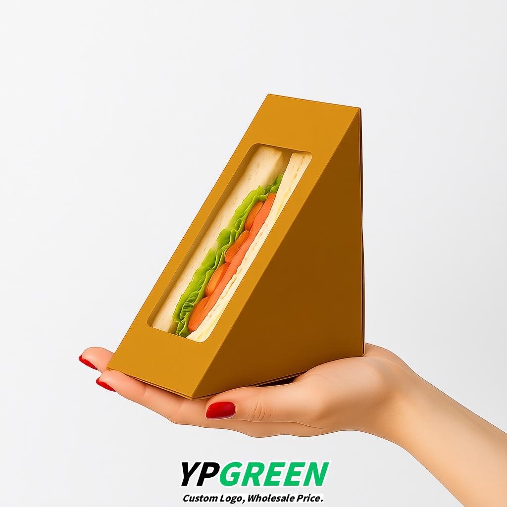 Ochre Triangle Paper Sandwich Boxes with Window 4.7x4.7x2.6 Inch - Factory Direct