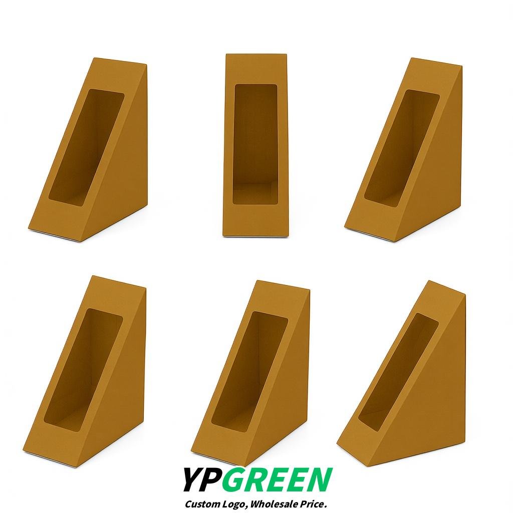 Ochre Triangle Paper Sandwich Boxes with Window 4.7x4.7x2.6 Inch - Factory Direct