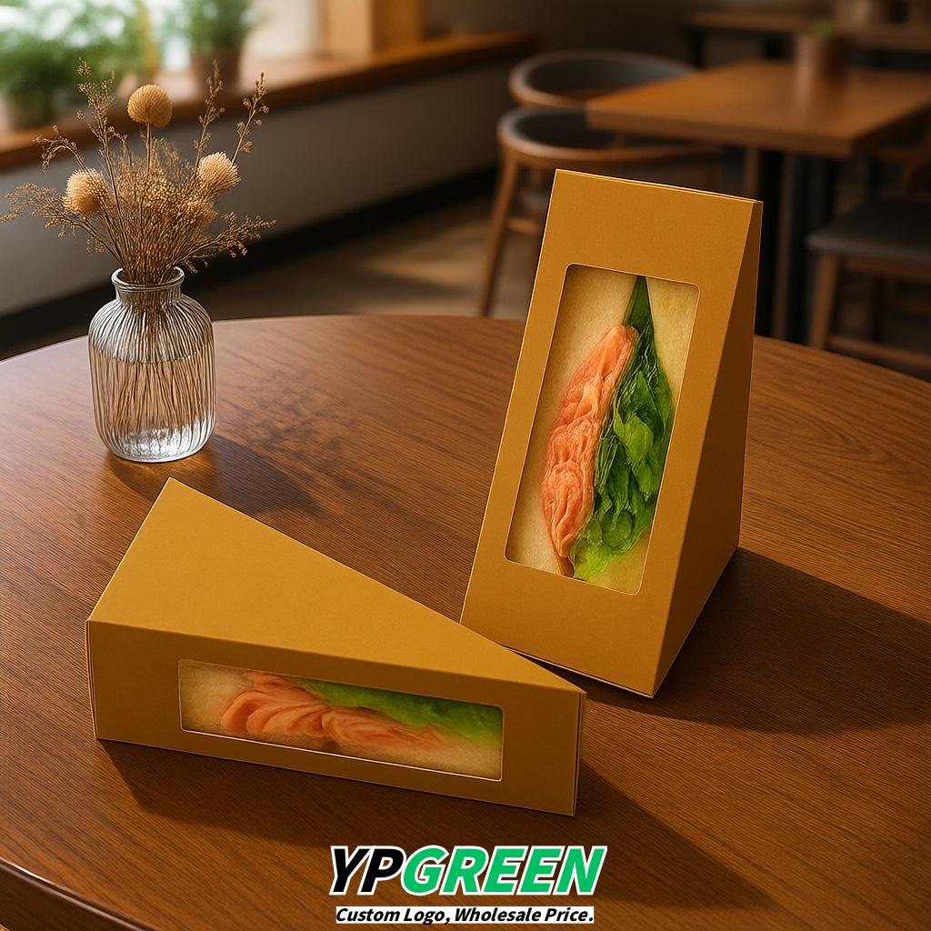 Ochre Triangle Paper Sandwich Boxes with Window 4.7x4.7x2.6 Inch - Factory Direct