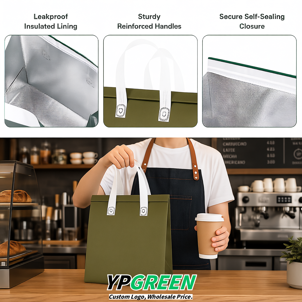 Olive Green 4-Cup insulated take away bags wholesale 9.5 x 9.5 x 6 inches for Hot & Cold Drink Delivery