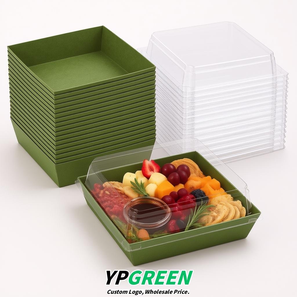 Olive Green Charcuterie Boxes with Clear Lids - 4 inches & 5 inches Disposable Paper Square Food Containers