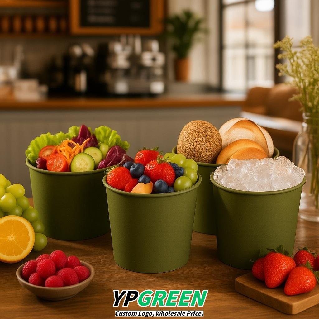 Olive Green 85 oz Paper Buckets 6.9x5.7x6.3 Inches Cardboard Food Container