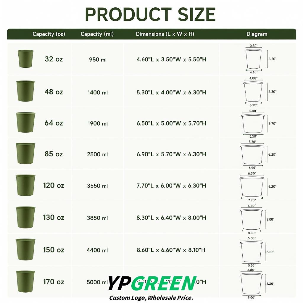 Olive Green 85 oz Paper Buckets 6.9x5.7x6.3 Inches Cardboard Food Container
