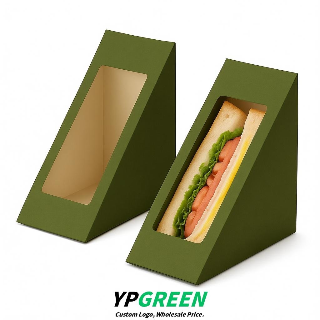 Olive Green Triangle Paper Sandwich Boxes with Window 4.7x4.7x2.6 Inch - Factory Direct